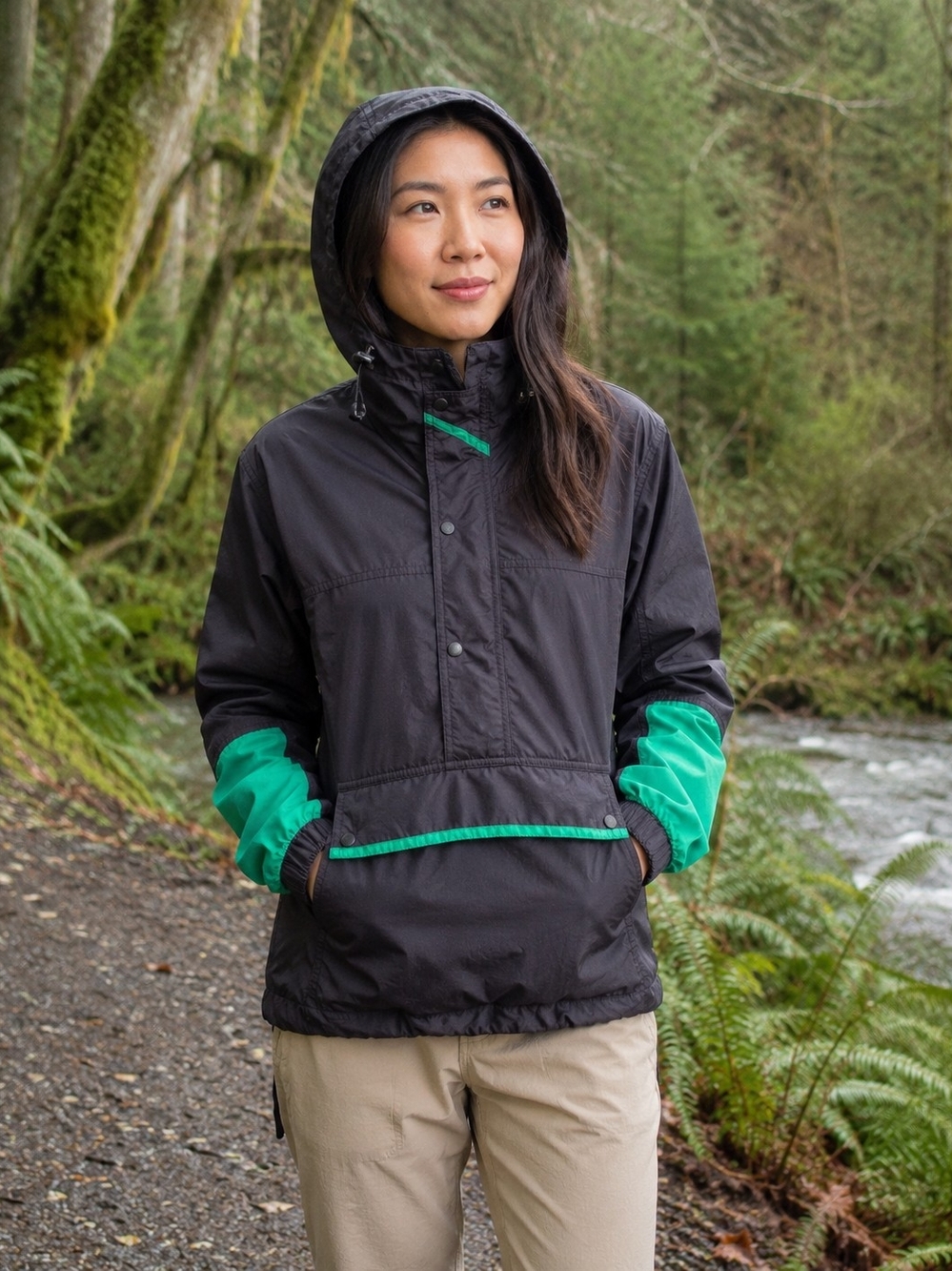 Vintage Colorblock Anorak Windbreaker Hooded Pullover Black Green REI XS